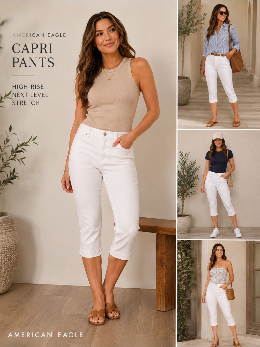 American Eagle Outfitters White High-Rise Capri Pants with Cropped Leg
